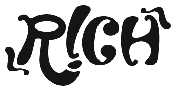 Rich's black logo outlined in white. It is Rich's name with the I flipped upside down to be an exclamation point.