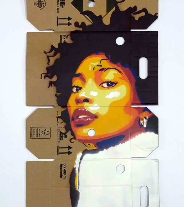 female portrait spray paint and stencil on repurposed montana 94 box by rich cihlar