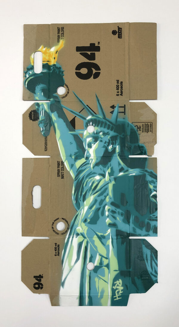 Statue of liberty spray paint and stencil on repurposed montana 94 box by rich cihlar