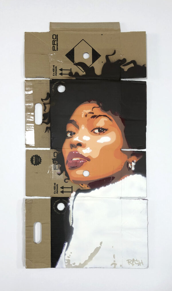 female portrait spray paint and stencil on repurposed montana 94 box by rich cihlar