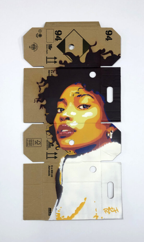 female portrait spray paint and stencil on repurposed montana 94 box by rich cihlar