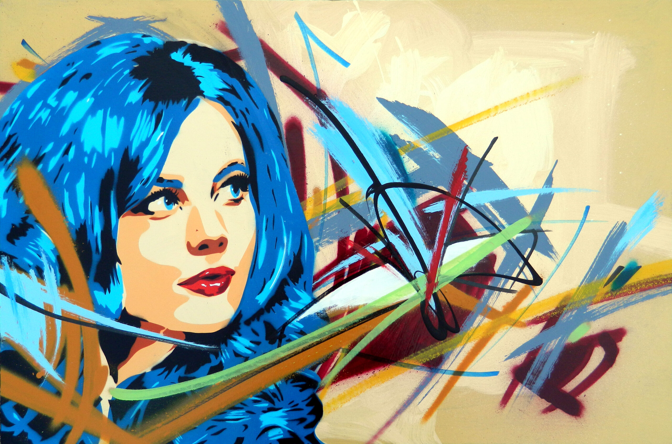 Female painting spray paint and stencil art by Rich Cihlar and Bob Peck also known as Don't Panic!