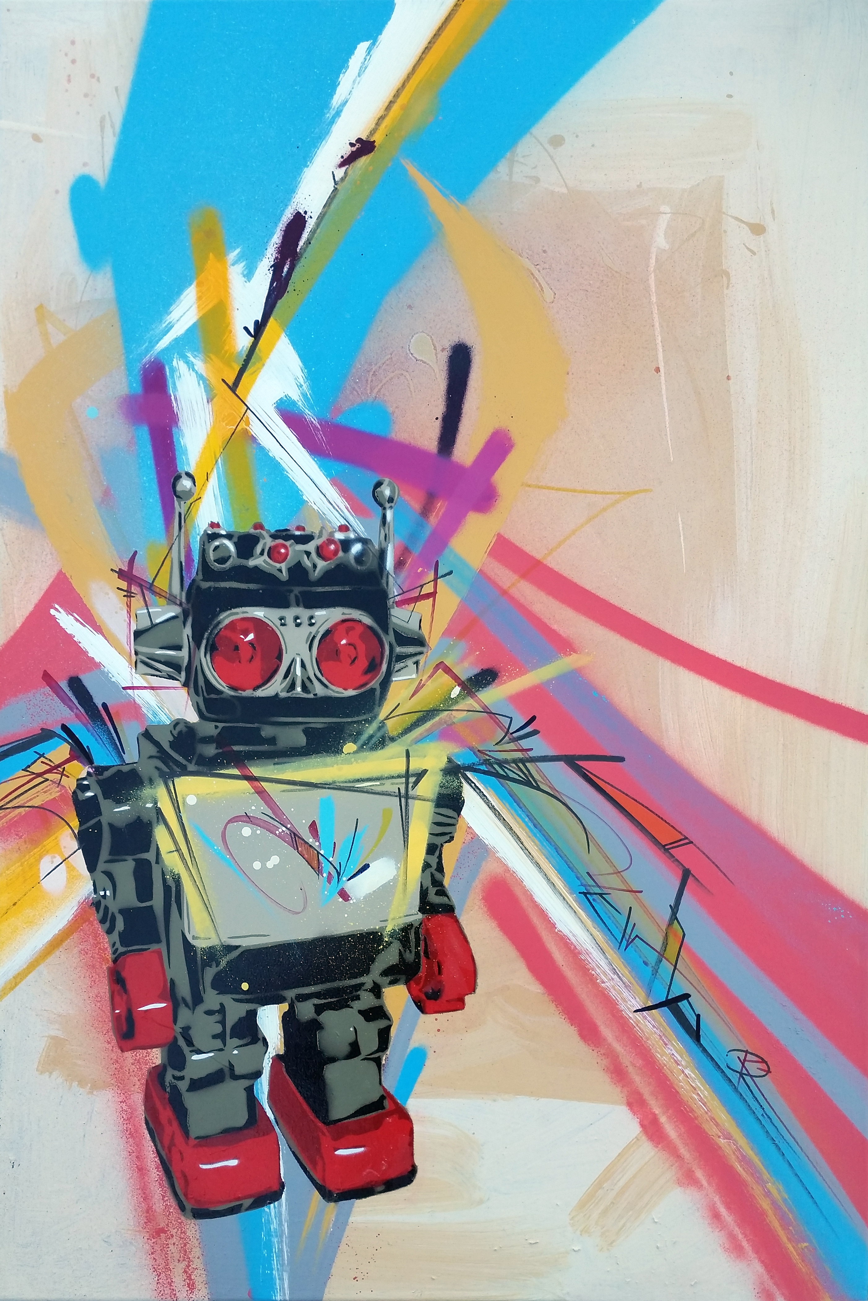 robot painting by bob peck and rich cihlar also known as Don't Panic! spray paint and stencil art and abstract art