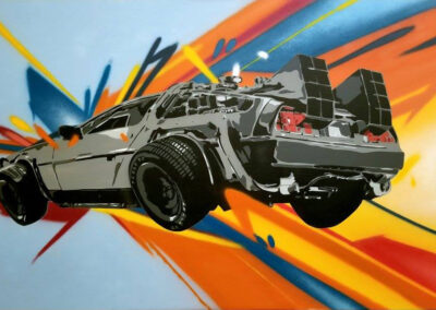 Delorean painting spray paint and stencil art by Rich Cihlar and Bob Peck also known as Don't Panic!