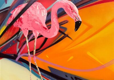 Flamingo painting spray paint and stencil art by Rich Cihlar and Bob Peck also known as Don't Panic!