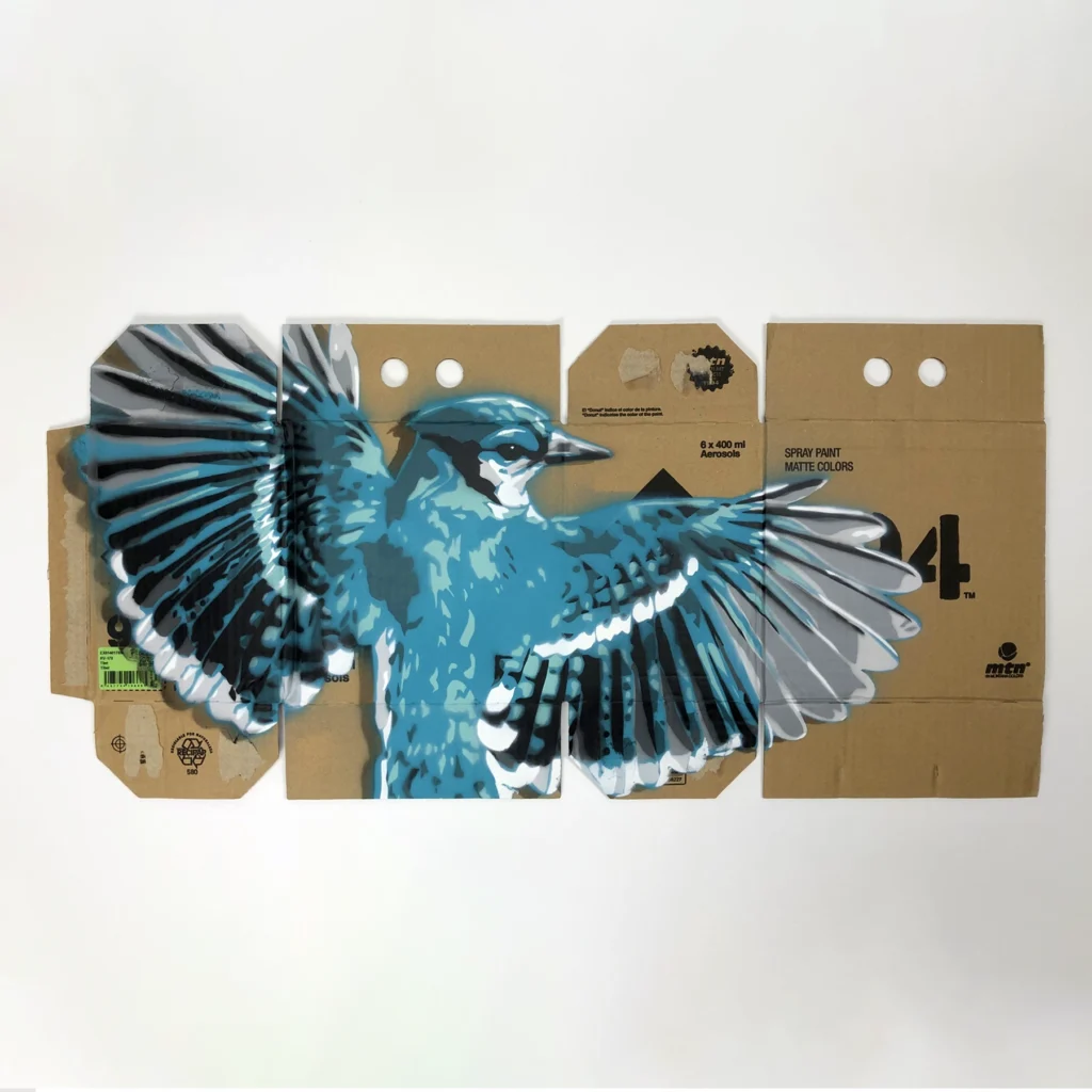 spray paint and stencil blue jay on montana 94 box