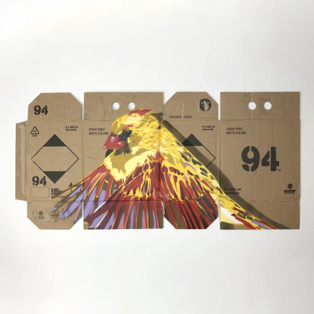female cardinal spray paint stencil on mtn 94 box