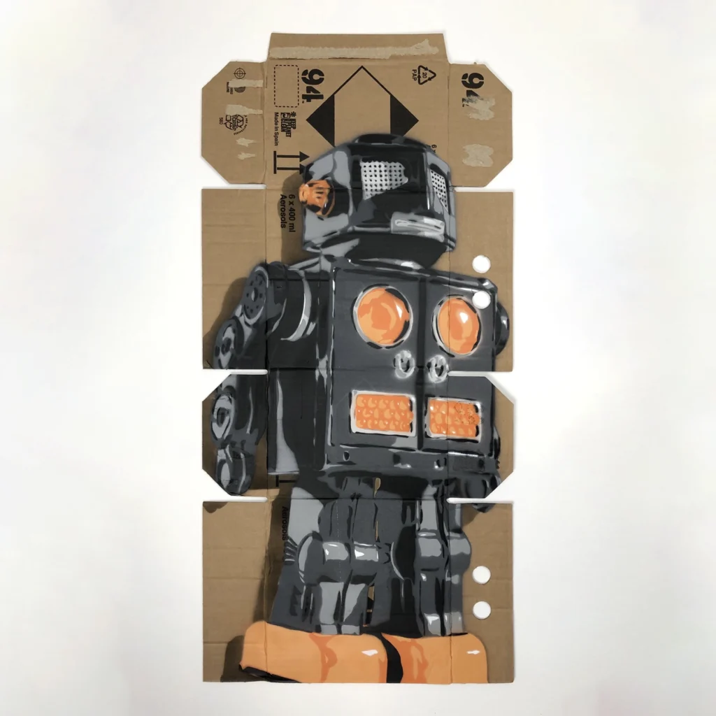 toy robot spray paint and stencil on mtn 94 box