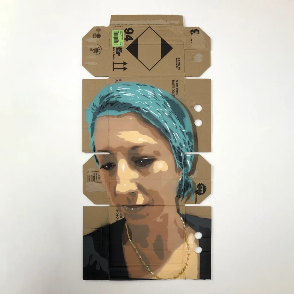 sara portrait spray paint stencil on mtn 94 box